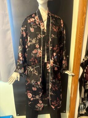 Lush Black Floral Satin Kimono Robe with Pink Accents